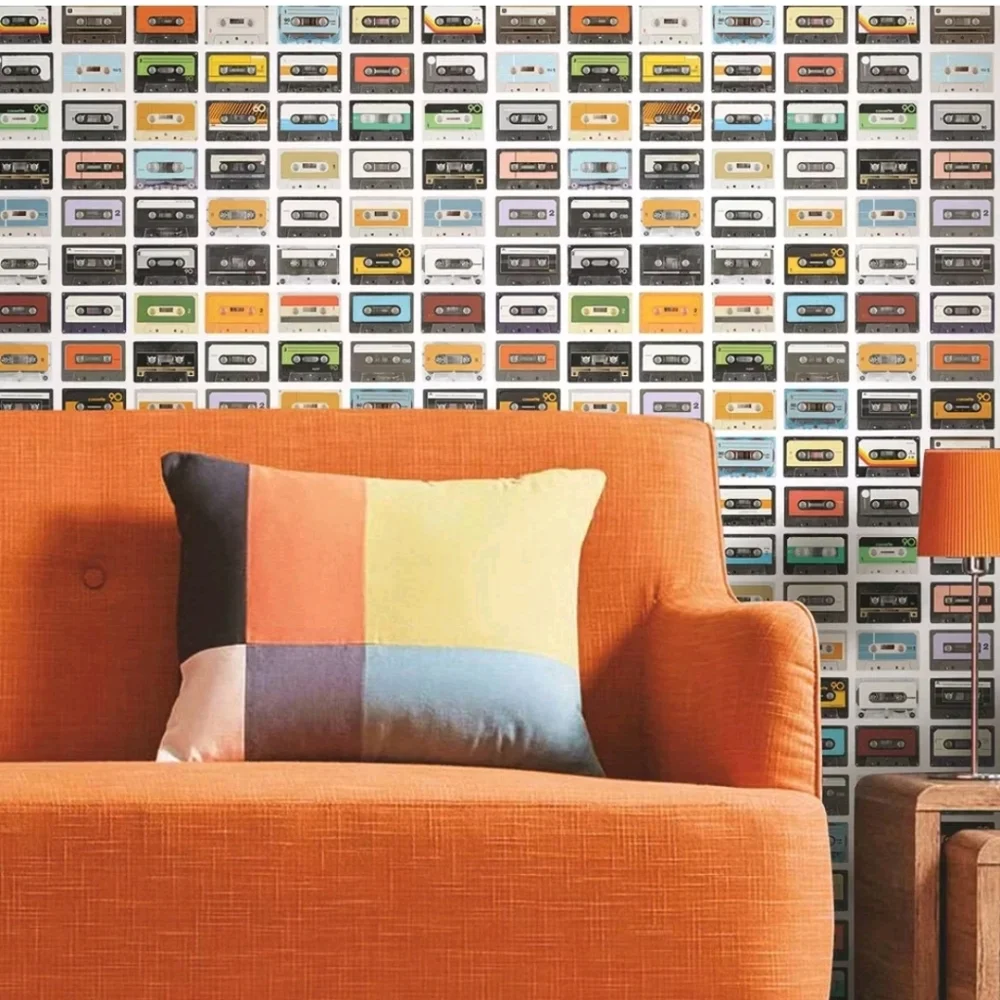 RoomMates Retro Cassettes Peel and Stick Wallpaper: Vinyl Self-Adhesive, Floral